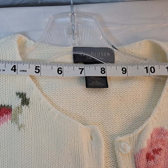80s 90s RARE Floral Print Hand Knit Crewneck Cardigan Sweater Large  Cottagecore - Picture 15 of 16